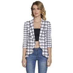 Gray And White Leaf Pattern Women s 3/4 Sleeve Ruffle Edge Open Front Jacket by GardenOfOphir