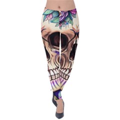 Retro Gothic Skull With Flowers - Cute And Creepy Velvet Leggings by GardenOfOphir