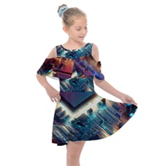 Ai Generated Motherboard City Technology Tech Cpu Kids  Shoulder Cutout Chiffon Dress by Jancukart