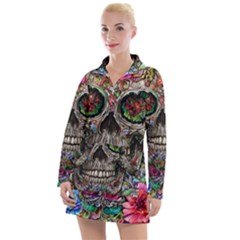 Retro Floral Skull Women s Long Sleeve Casual Dress by GardenOfOphir