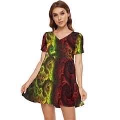 Green And Red Lights Wallpaper Fractal Digital Art Artwork Tiered Short Sleeve Babydoll Dress by Semog4