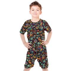 Cartoon Monster Pattern Abstract Background Kids  Tee And Shorts Set by Semog4