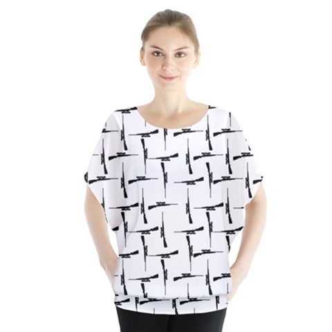 Precision Pursuit: Hunting Motif Black And White Pattern Batwing Chiffon Blouse by dflcprintsclothing