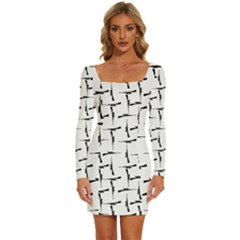 Precision Pursuit: Hunting Motif Black And White Pattern Long Sleeve Square Neck Bodycon Velvet Dress by dflcprintsclothing