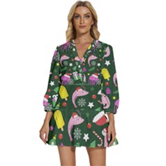 Colorful Funny Christmas Pattern V-neck Placket Mini Dress by Semog4
