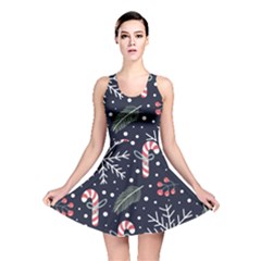 Holiday Seamless Pattern With Christmas Candies Snoflakes Fir Branches Berries Reversible Skater Dress by Semog4