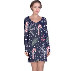 Holiday Seamless Pattern With Christmas Candies Snoflakes Fir Branches Berries Long Sleeve Nightdress by Semog4