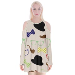 Moustache-hat-bowler-bowler-hat Velvet Long Sleeve Shoulder Cutout Dress by Semog4