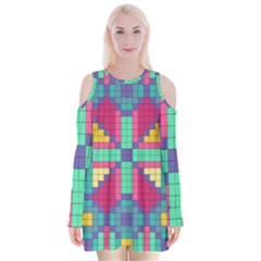 Checkerboard-squares-abstract--- Velvet Long Sleeve Shoulder Cutout Dress by Semog4