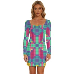 Checkerboard-squares-abstract--- Long Sleeve Square Neck Bodycon Velvet Dress by Semog4