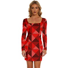 Red Diamond Shapes Pattern Long Sleeve Square Neck Bodycon Velvet Dress by Semog4