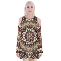 Seamless Pattern Floral Flower Velvet Long Sleeve Shoulder Cutout Dress by Semog4