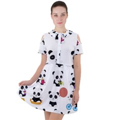 Playing Pandas Cartoons Short Sleeve Shoulder Cut Out Dress  by Semog4