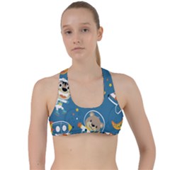 Seamless Pattern Funny Astronaut Outer Space Transportation Criss Cross Racerback Sports Bra by Semog4