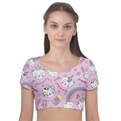 Beautiful Cute Animals Pattern Pink Velvet Short Sleeve Crop Top  by Semog4