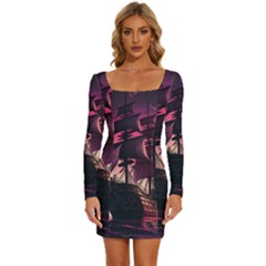 Ship Pirate Adventure Landscape Ocean Sun Heaven Long Sleeve Square Neck Bodycon Velvet Dress by Semog4
