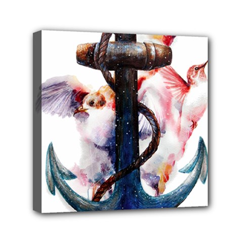 Anchor Watercolor Painting Tattoo Art Anchors And Birds Mini Canvas 6  X 6  (stretched) by Salman4z