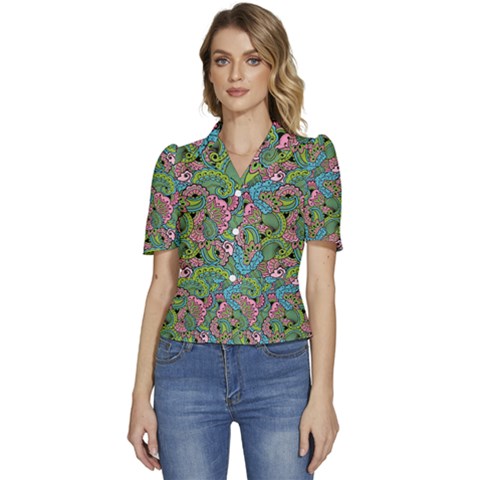 Background Texture Paisley Pattern Puffed Short Sleeve Button Up Jacket by Salman4z