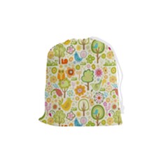 Nature Doodle Art Trees Birds Owl Children Pattern Multi Colored Drawstring Pouch (medium) by Salman4z