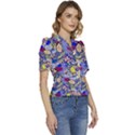 Blue Yellow Background Pattern Vector Texture Paisley Puffed Short Sleeve Button Up Jacket View3