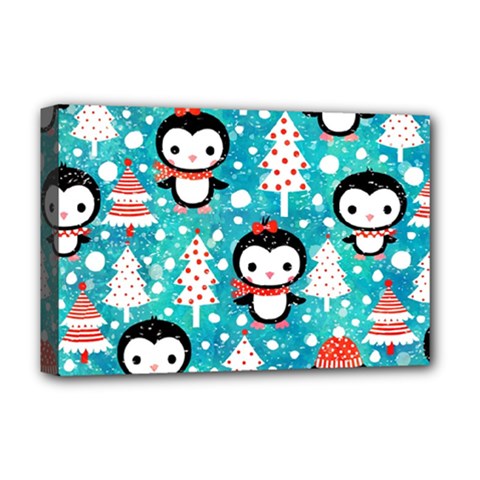 Blue Penguin Pattern Christmas Deluxe Canvas 18  X 12  (stretched) by Salman4z