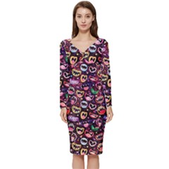 Funny Monster Mouths Long Sleeve V-neck Bodycon Dress  by Salman4z
