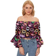 Funny Monster Mouths Off Shoulder Flutter Bell Sleeve Top by Salman4z