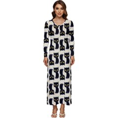 Black Cats And Dots Koteto Cat Pattern Kitty Long Sleeve Longline Maxi Dress by Salman4z