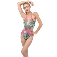 Minimal Digital Cityscape Plunging Cut Out Swimsuit by Salman4z
