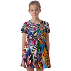 Cartoon Explosion Cartoon Characters Funny Kids  Short Sleeve Pinafore Style Dress by Salman4z