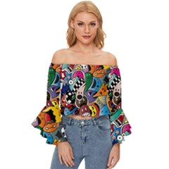Cartoon Explosion Cartoon Characters Funny Off Shoulder Flutter Bell Sleeve Top by Salman4z
