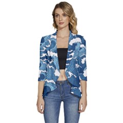 Waves Aesthetics Illustration Japanese Women s 3/4 Sleeve Ruffle Edge Open Front Jacket by Salman4z