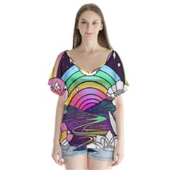Rainbow Fun Cute Minimal Doodle Drawing Art V-neck Flutter Sleeve Top by Jancukart