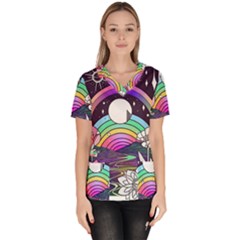 Rainbow Fun Cute Minimal Doodle Drawing Art Women s V-neck Scrub Top by Jancukart