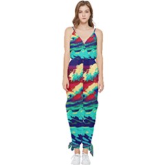 Tsunami Waves Ocean Sea Nautical Nature Water 9 Sleeveless Tie Ankle Chiffon Jumpsuit by Jancukart