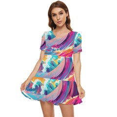 Tsunami Waves Ocean Sea Nautical Nature Water 2 Tiered Short Sleeve Babydoll Dress by Jancukart