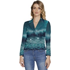 Waves Ocean Sea Tsunami Nautical 2 Women s Long Sleeve Revers Collar Cropped Jacket by Jancukart
