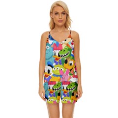 Illustration Cartoon Character Animal Cute V-neck Satin Pajamas Set by Sudheng