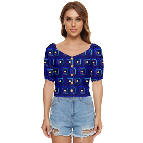 Blue Neon Squares - Modern Abstract Button Up Blouse by ConteMonfrey