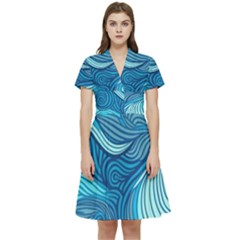 Ocean Waves Sea Abstract Pattern Water Blue Short Sleeve Waist Detail Dress by Wegoenart