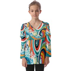 Waves Ocean Sea Abstract Whimsical Abstract Art 2 Kids  V Neck Casual Top by Wegoenart