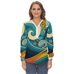 Waves Ocean Sea Abstract Whimsical Abstract Art 3 Zip Up Long Sleeve Blouse