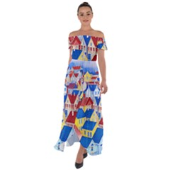 City Houses Cute Drawing Landscape Village Off Shoulder Open Front Chiffon Dress by Uceng