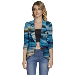 Waves Wave Water Blue Sea Ocean Abstract Women s 3/4 Sleeve Ruffle Edge Open Front Jacket by Salman4z
