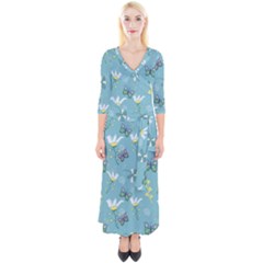 Butterflies Flowers Blue Background Spring Pattern Quarter Sleeve Wrap Maxi Dress by Ravend
