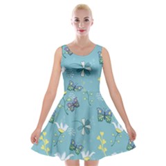 Butterflies Flowers Blue Background Spring Pattern Velvet Skater Dress by Ravend