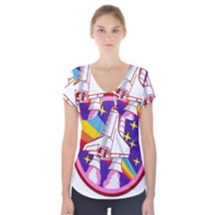 Badge Patch Pink Rainbow Rocket Short Sleeve Front Detail Top by Salman4z