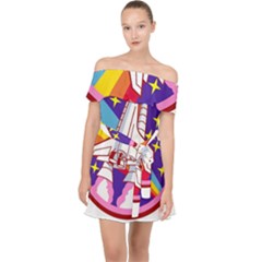 Badge Patch Pink Rainbow Rocket Off Shoulder Chiffon Dress by Salman4z