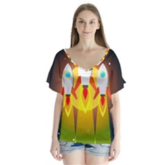 Rocket Take Off Missiles Cosmos V-neck Flutter Sleeve Top by Salman4z