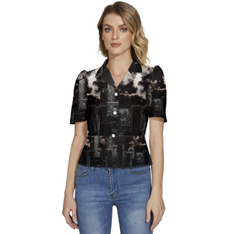 City Night Moon Skyline Skyscraper Puffed Short Sleeve Button Up Jacket by Salman4z